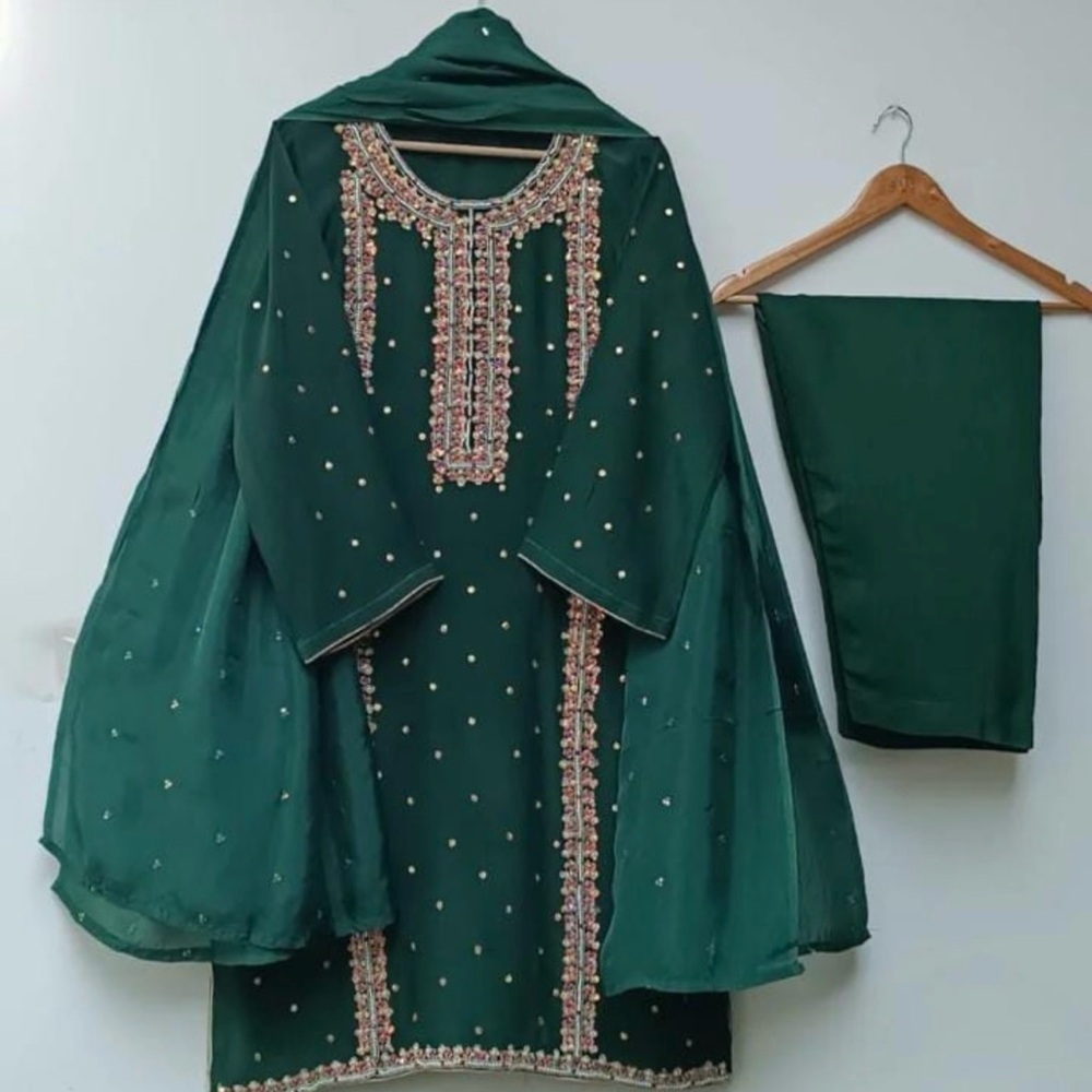 Elegant Green Embellished Dress with Scarf